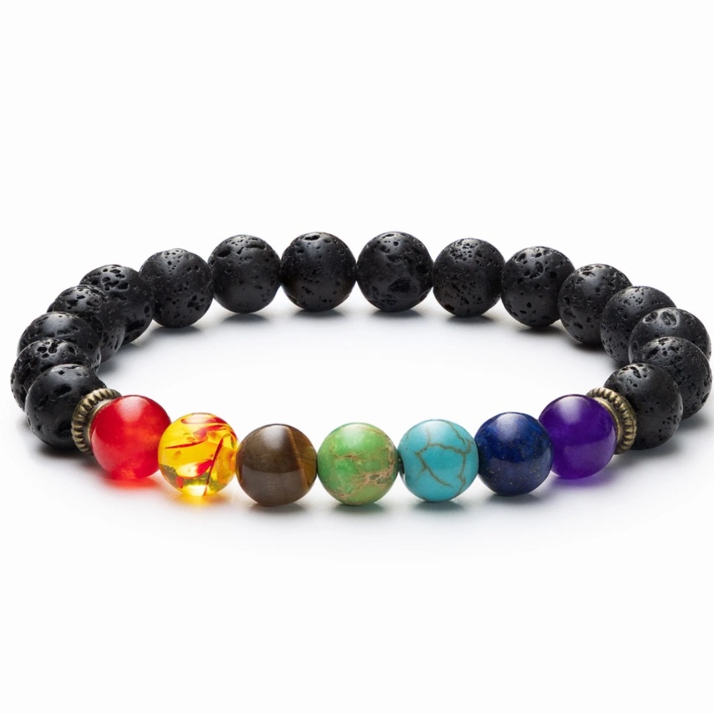 7 Chakra-Healing Stones with Lava Rock Gemstone Round Bead Stretchable Bracelet